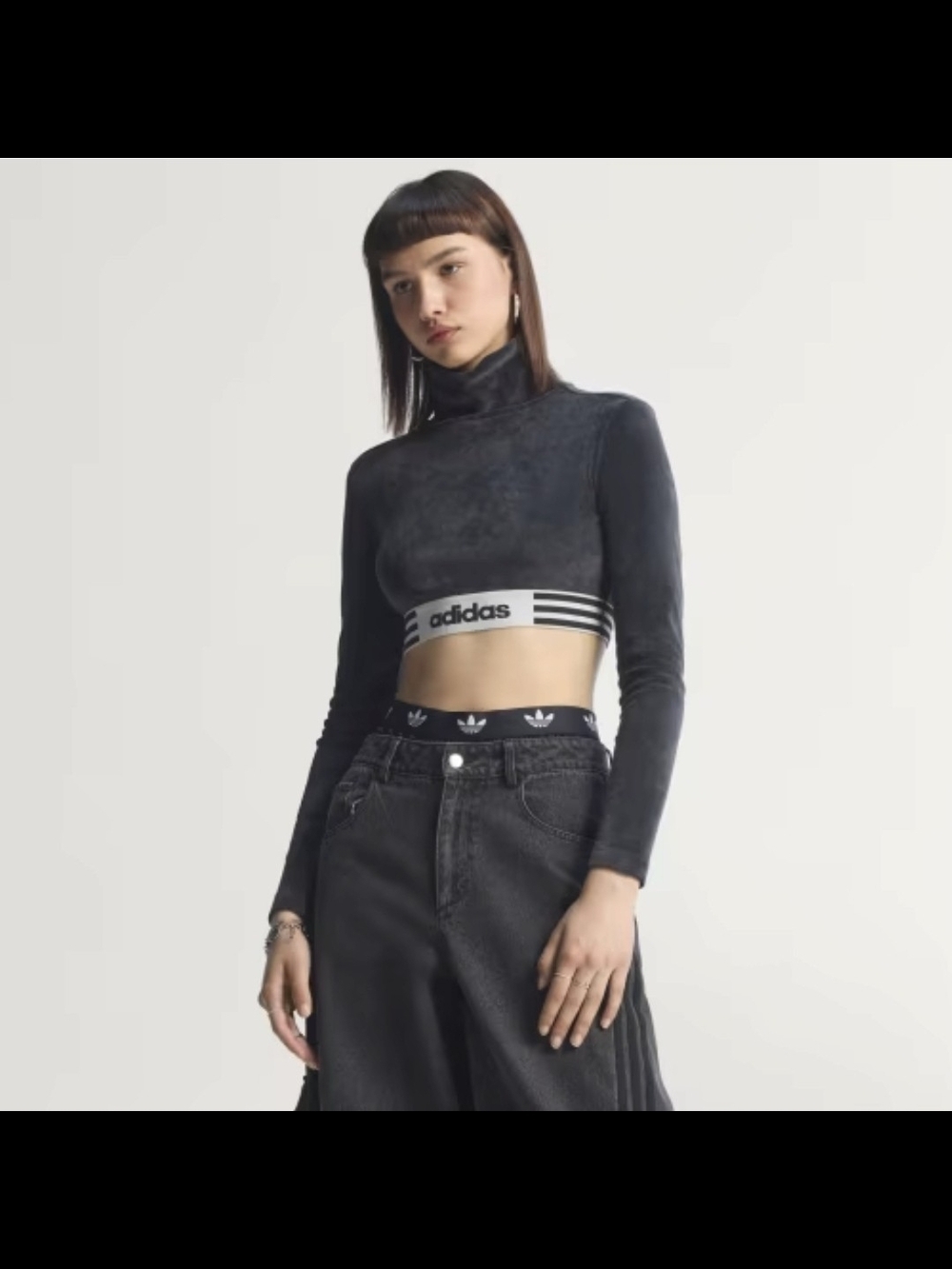 Adidas Black Cropped Long-Sleeve Turtleneck with Logo Band